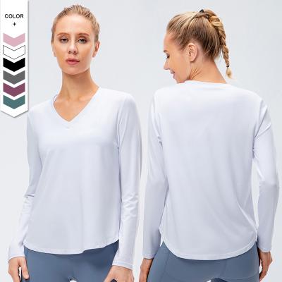 China High Quality Women's Sweat-Wicking T-Shirt Breathable Long Sleeve Gym Quick Dry Sports Loose Plus Size V-Neck Shirts Women Active Wear for sale