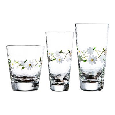 China Small Daisy Wreath Hammer Cup Japanese Style Design Oriental New Whiskey Beverage Glass Lead Free Crystal Glass for sale