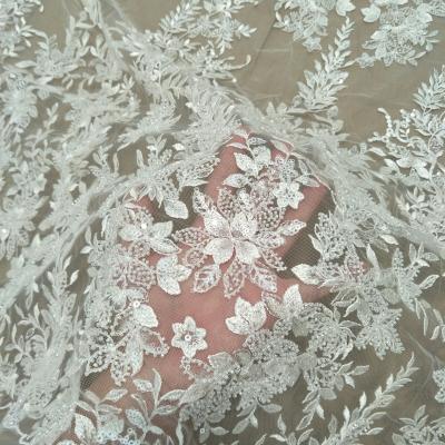 China Other Fashion Beaded Bridal Lace Fabric 130cm Width Dress Lace Fabric Ivory Color Beading Fabric for sale