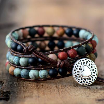 China FASHIONABLE Vintage Leather Bracelets 6MM Matte Stone 3 Strands Wrap Bracelets Handmade Boho Woven Multilayer Bracelet Jewelry for sale