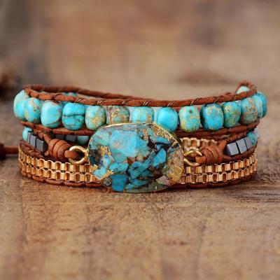 China FASHIONABLE High End Leather Wrap Vintage Statement Nature Weave Stones Bracelet Chains Bracelet Jewelry Gifts for sale