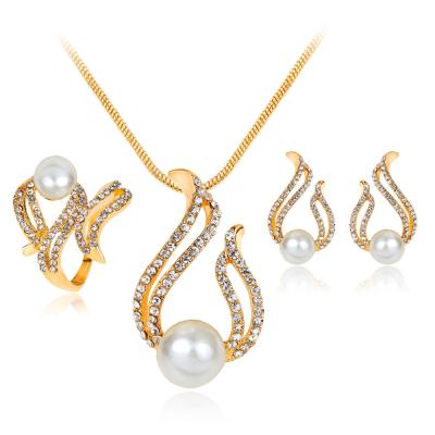 China FASHIONABLE Elegant Women Wedding Pearl Dangle Earrings Necklace Fits Simple 18K Real Gold Plated Bridal Pearl Jewelry Sets for sale