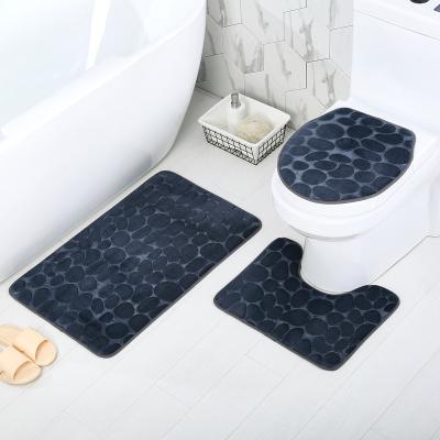 China Washable Cobblestone Embossed Bath Mat 3 Pieces Foam Cover Set Set For Bathroomwith PVC Anti-Slip Backing for sale