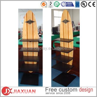 China Wooden Wine Shape Gondola / Surfboard Wooden Display Stand And Glass Display for sale