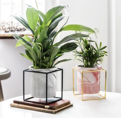 China Modern Indoor And Outdoor Decorative Spray Paint Metal Flower Pot Bracket Marble Pattern Plant Flower Pot for sale