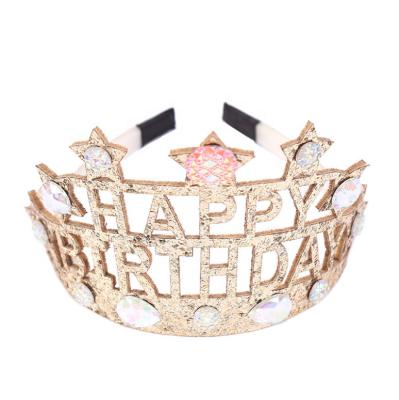 China Hairbands Birthday Crown Headband For Women Gold Happy Birthday Princess Crown Rhinestone Hair Circle Girl Birthday Tiara for sale