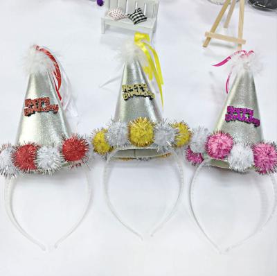 China Adjustable Hairbands Birthday Cone Hat Headband Party Decoration Sparkle Sparkle Headband Cone Hat With Pom Poms Headband for sale