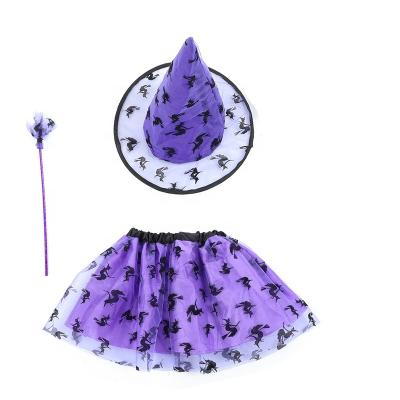 China Polyester Kids Witch Mesh Skirt Princess Dress Witch Performance Clothing With Witch Hat Magic Wand Halloween Cosplay Equipment for sale