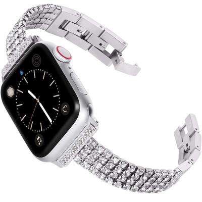 China Beautiful Stainless Steel Metal Mechanical Watch Band Diamond Rhinestone Watch Band For Apple Watch Metal Band for sale