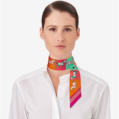 China Custom Short Silk Scarf Woman Silk Scarf Women Printed Small Long Narrow Ribbon Silk Scarf for sale