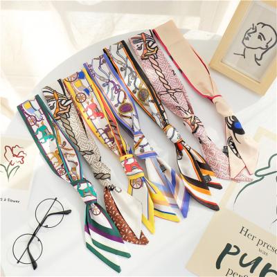 China Short Fashion Silk Butterfly Printing Scarf Women Scarves Long Shrink Small Ribbon Silk Scarf for sale