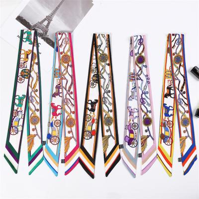 China Wholesale Chinese Short Fashion 100% Silk Scarf Vintage Printing Long Narrow Ribbon Small Silk Scarf for sale