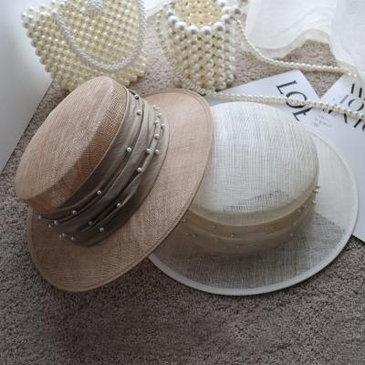 China New image style woman Straw Gauze Pearl Satin Ribbon Wide brim sunshade celebrity outlet fashion beach vacation glacier hat for sale