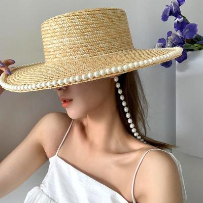 China 2022 Picture Pearl Decoration Sun Hat For Women Flat Top Jazz Fedoras Panama Summer Straw Hat Folder Belt Beach Hat for sale