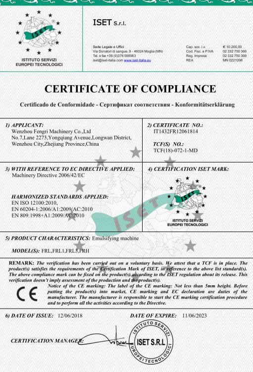 CE - Wenzhou Fengri Machinery Co., Ltd.