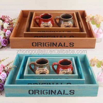 China Vintage Sustainable Storage Printed Wooden Serving Board Crate Fruits And Vegetables Wooden Tray for sale