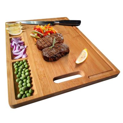 China Large Kitchen Stocked Organic Bamboo Cutting Board with 3 Compartments and Built-in Juice Grooves for sale