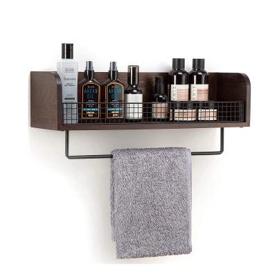 China (Other) Rustic Adjustable Wall Mounted Wood and Metal Bathroom Shelf with Towel Rack for sale