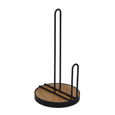 China BX New Design Durable Black Powder Coating Toilet Paper Roll Holder Stand Tissue Holder With Wooden Bottom for sale