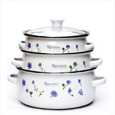 China Sustainable Wholesale Decals Two Handle Flower Carbon Steel Enamel Pot for sale