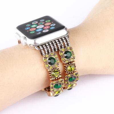 China Luxury Copper Metal Roman Diamonds Double Row Vintage Jewelry Handmade Watchband For iwatch 7/6/5/4/3/2 20cmX5cmX0.5cm for sale