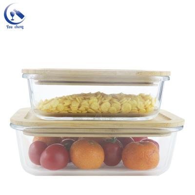 China Hot Selling Big Glass Bowl Rectangle Clear Food Meal Storage Container With Wooden Lid for sale