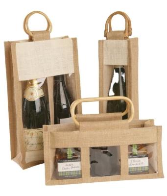 China Best Wholesale Custom Jute Handled Tote Bag With Wooden Handle Jute Wine Bag Burlap Gift Bag Beer Bottle for sale