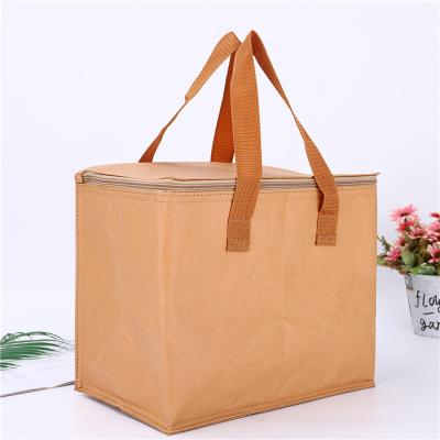 China Outdoor Custom Washable Handled Kraft Paper Cooler Bag Thermal Insulated Tote Bag Paper Lunch Bag With Logo Print for sale