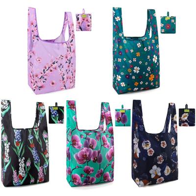 China Custom Eco Handled Recycle Nylon Collapsible Tote Bag 210D Polyester Grocery Reusable Folding Shopping Bag for sale