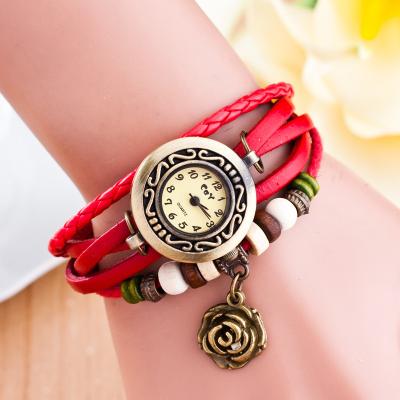 China Day/Date Best Selling Women Leather Strap Watch Ladies Dress Rose Flower Pendant Wristwatch VW023 for sale