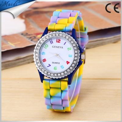 China Water Resistant Women's Rhinestone Geneva Inlaid Case Rainbow Color Silicon Band Wrist Watch Ladies Fashion Dress Watches GW017 for sale