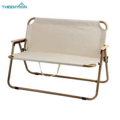 China Double Bench Garden Easy Carry Outdoor Aluminum Patio Relax Bench Folding Chair With Arm Rest Wooden Backrest Camping Portable Chair for sale