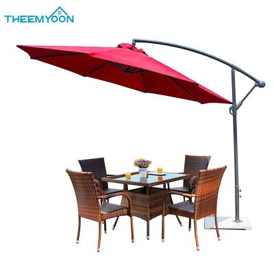 China Weather Resistant Outdoor Rattan Dining Furniture Leisure Combination Square Balcony Woven Table Chair And Umbrella for sale