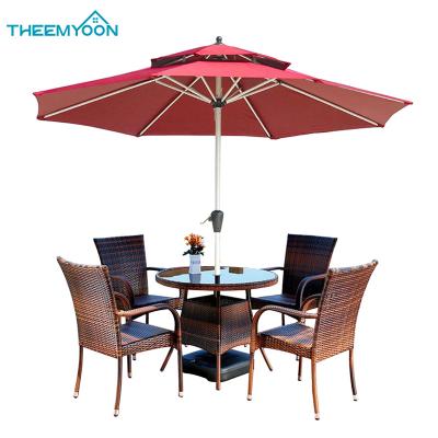 China Durable Garden Furniture Table And Chairs Set With Straight Standing Beach Umbrella For Balcony Backyard for sale