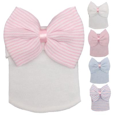 China Wholesale Breathable Newborn Baby Bow Knitted Sweater Hat Spring Autumn Spot Stripe Cotton Hat Large Lovely 0-3 Months for sale