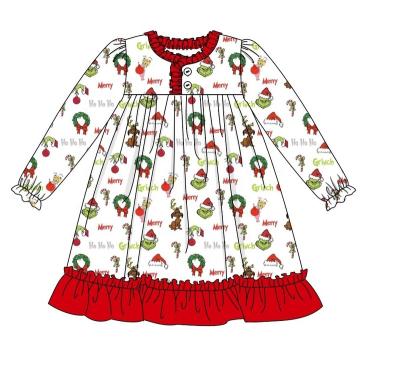 China New Breathable In Green Walnut Clip Embroidery Girls Christmas Grinch Clothes Girly Dress Baby Girl Dress Kids Clothes for sale