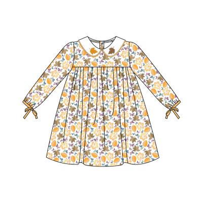 China 1-8 Years Leaf Print Breathable Baby Dress Yellow Boutique Style Inclothing for sale