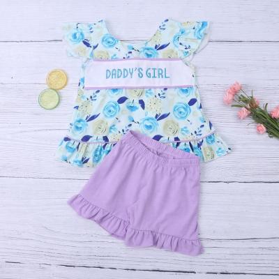 China 2023 Summer Hot Sale Breathable Top Blue Floral Pattern Fly Sleeves Two Piece Outfits Daddy's Girl Clothing Set New In Baby Sets for sale