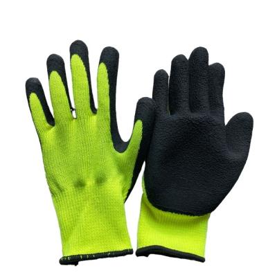 China Safety Labor 10G Fluorescence Acrylic Green Terry Palm Black Latex Foam Coated Safety Gloves for sale