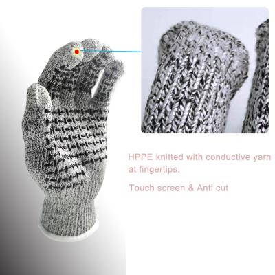 China Daily Work /Manufacturing Touch Screen HPPE Coating Palm Silicon Dotted Anti-Cut Slip Hand Kitchen Cut Resistant Gloves for sale