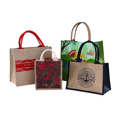 China Eco-friendly and economical customized factory logo printing large capacity jute packaging promotional laminated shopping bag for sale