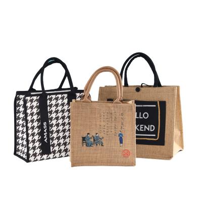 China Custom Made Eco Reusable Cloth Carrying Logo Eco Friendly Gift Bags Women Beach Tote Grocery Promotional Shopping Handbags Jute Bag for sale