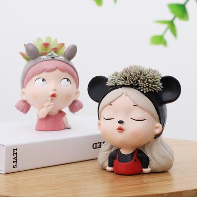 China Cute Creative Tabletop Succulent Indoor Pot Landscape Flower Pot Landscape Flower Girl Cartoon Fun Girl Resin Succulent Pots for sale