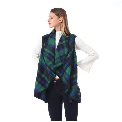 China Acrylic Women's Open Front Plaid Vest Cardigan Coat With Pockets for sale