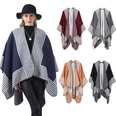 China Fashion Acrylic Poncho Cloak Wholesale Thick Warm Acrylic Poncho Shawls Multicolor Stripe Print Design For Women Woolen Wrap Shawl for sale