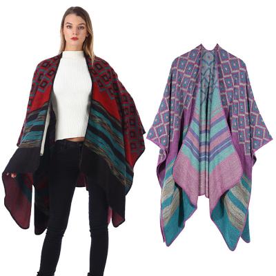 China Wholesale Hot Fashion Ladies Acrylic Ponchos Winter Acrylic Coat Fit For Four Seasons Color Block Diamond Printed Pattern Thick Shawls for sale