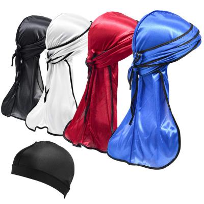 China Universal Silky Durag Headband For Women Men Basketball Durags Bundle With Long Elastic Tail And Wide Straps For 360 Wave Christmas Gift for sale