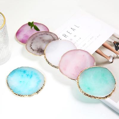 China Europe Rose Quartz Agate Coaster Crystal White Geode Agate Slice Stone Coaster With Gold Trim for sale