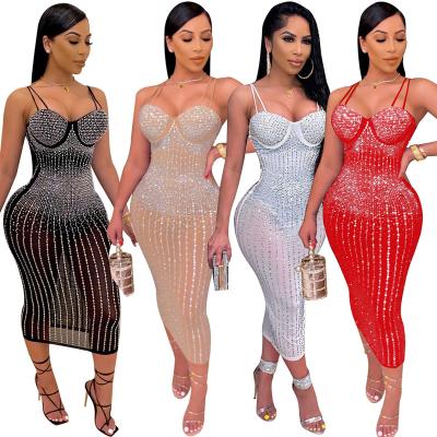 China QUICK DRY Latest Mesh See Through Club Dress Hot Sexy Women's Rhinestone Spaghetti Strap Bodycon Midi Dress C9010 2021 for sale