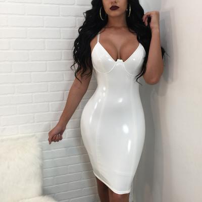 China QUICK DRY Hot Selling PU Mini Dress C9007 V-Neck PU Leather Strap Sexy Zipper Slit Club Wear Mini Dress Dress for sale